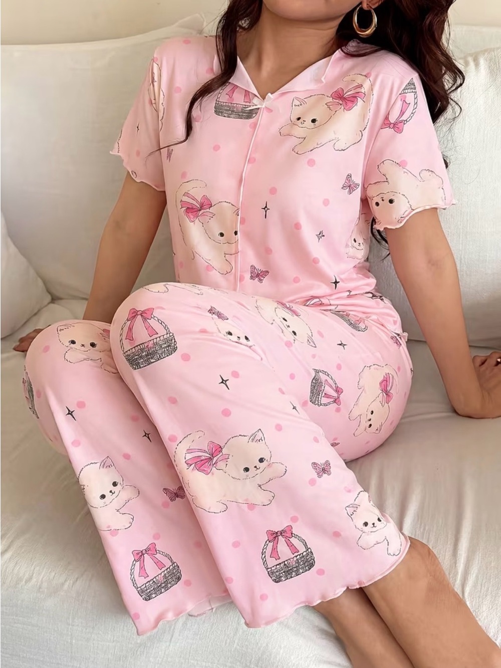 Pink Cat Print Pajama Set - Women’s Cute Sleepwear New